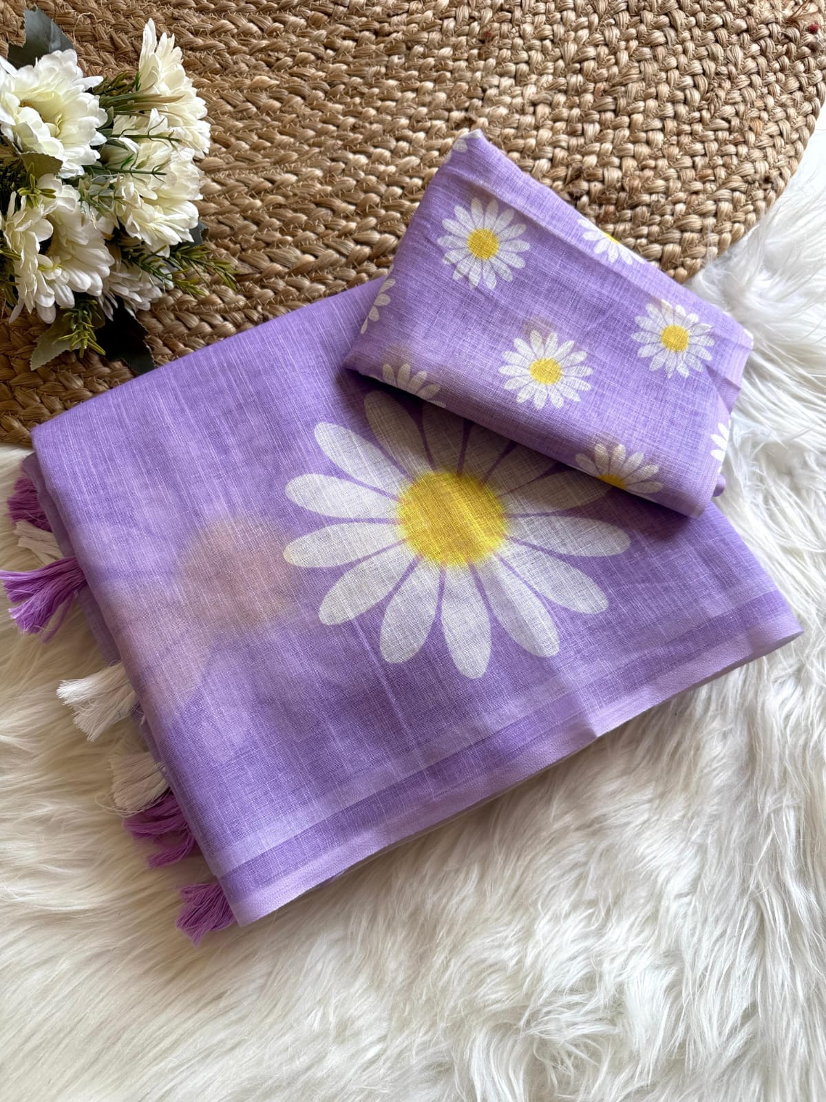 Pure Linen Digital Print Saree with Tassels.