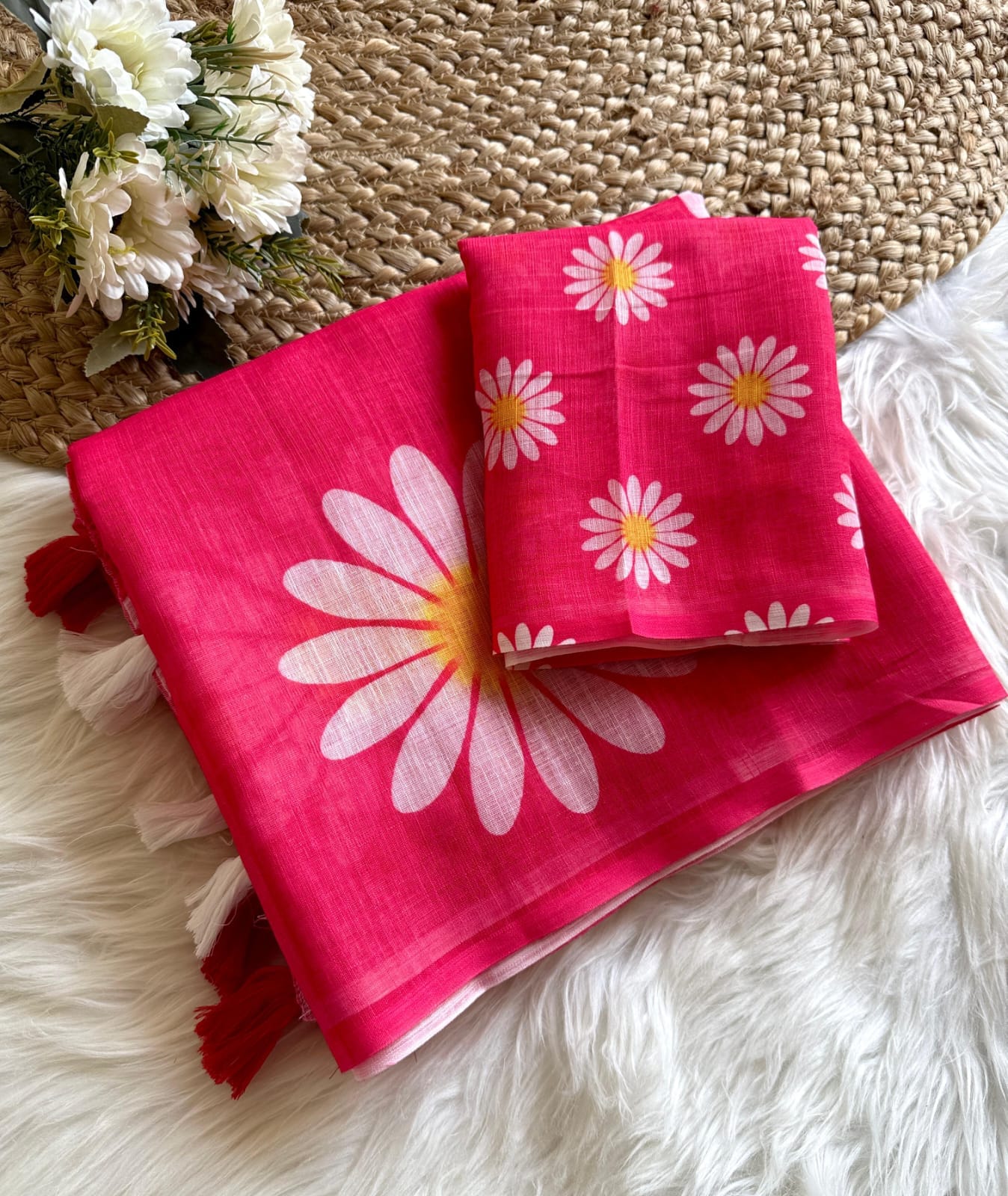 Pure Linen Digital Print Saree with Tassels.