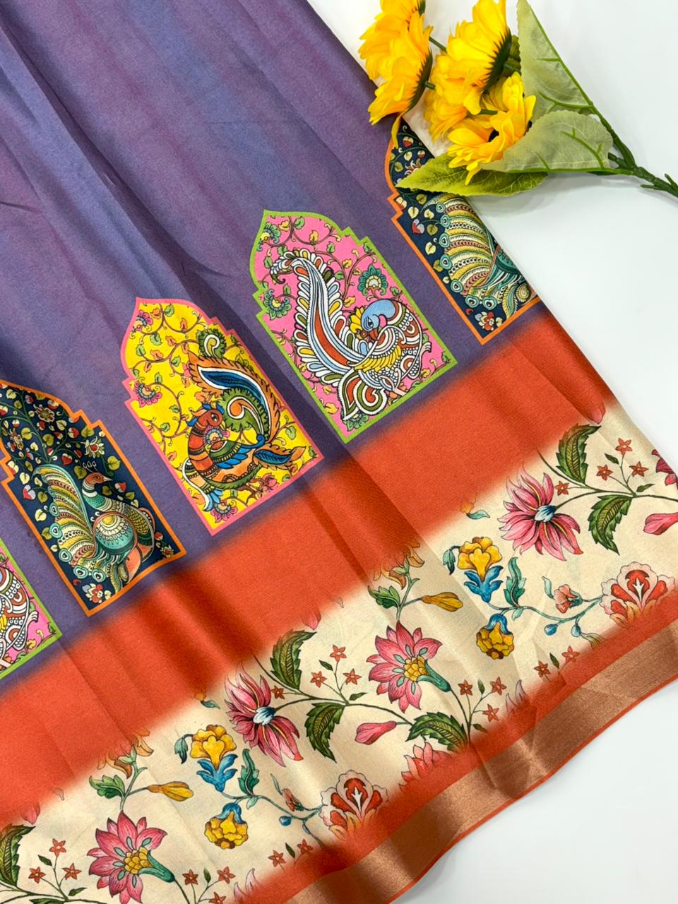 Original Soft Tussar Silk Sarees – Peacock Prints with Gold Zari Border.