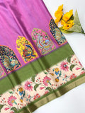Original Soft Tussar Silk Sarees – Peacock Prints with Gold Zari Border.
