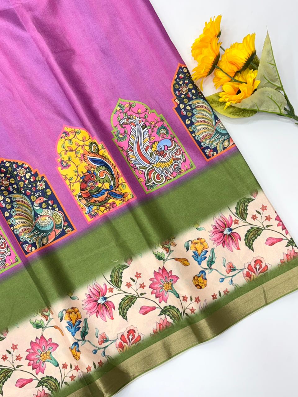Original Soft Tussar Silk Sarees – Peacock Prints with Gold Zari Border.