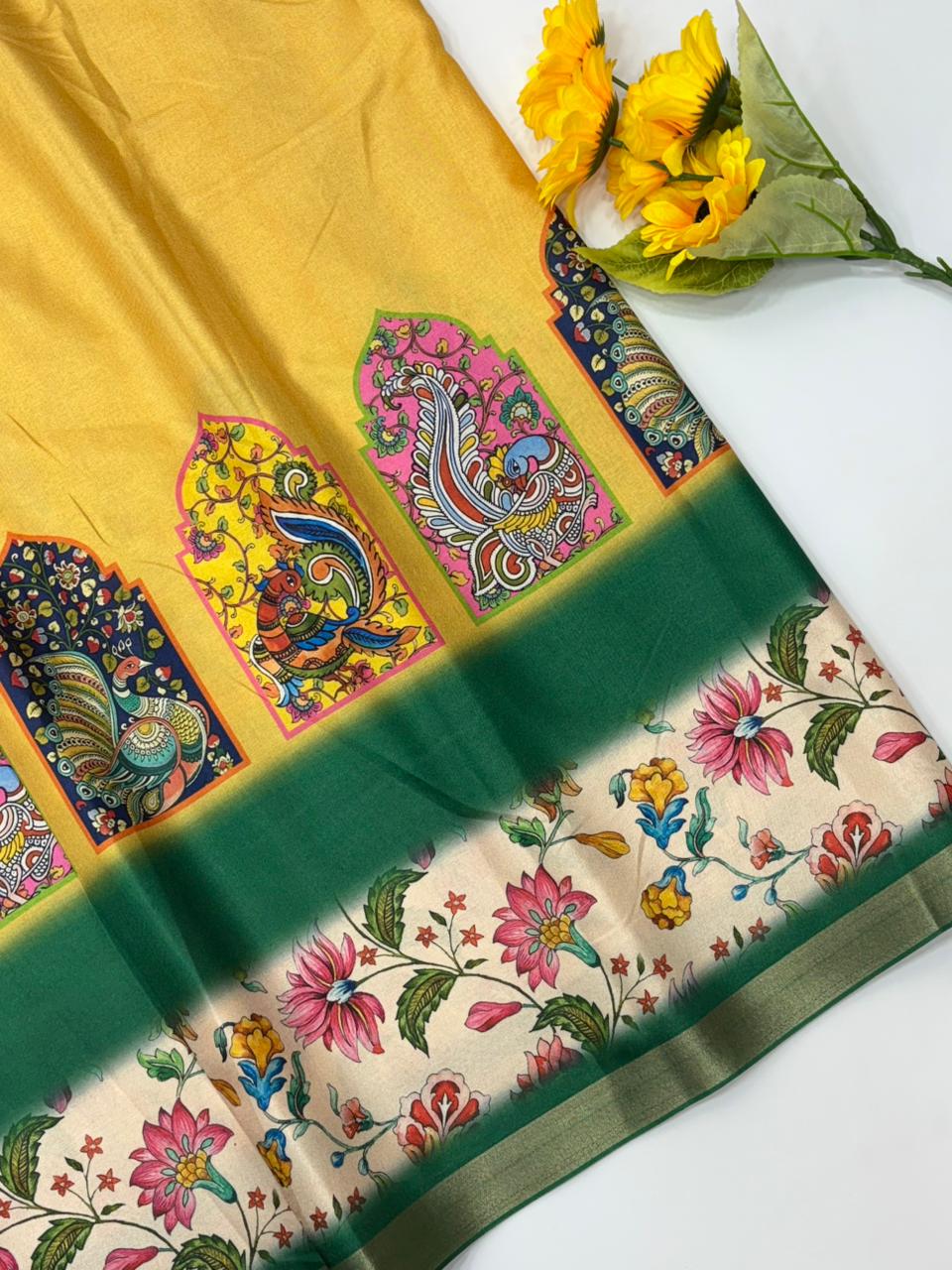 Original Soft Tussar Silk Sarees – Peacock Prints with Gold Zari Border.