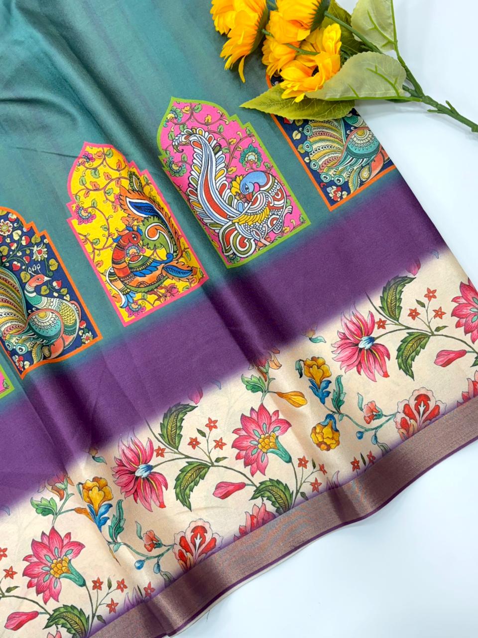 Original Soft Tussar Silk Sarees – Peacock Prints with Gold Zari Border.
