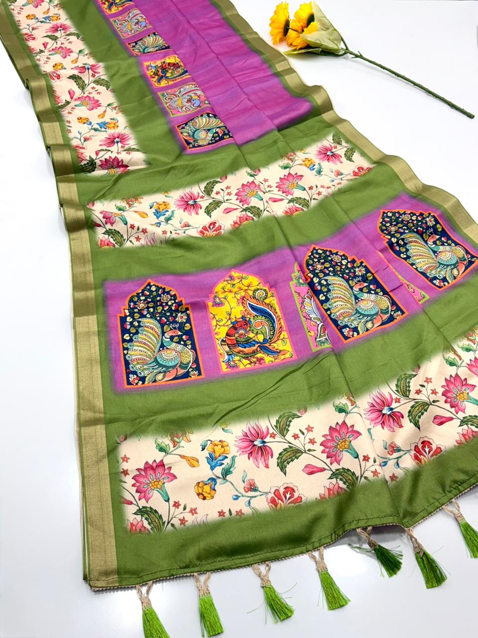 Original Soft Tussar Silk Sarees – Peacock Prints with Gold Zari Border.