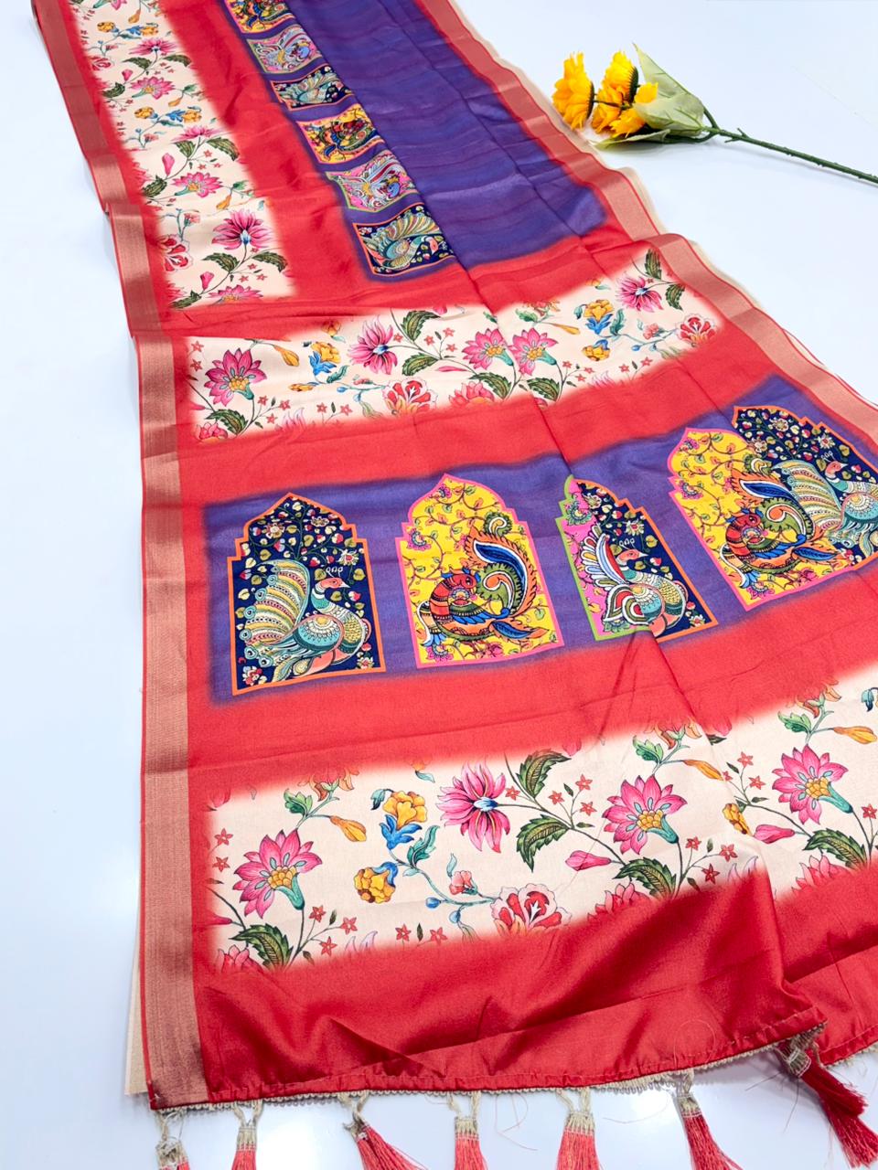 Original Soft Tussar Silk Sarees – Peacock Prints with Gold Zari Border.