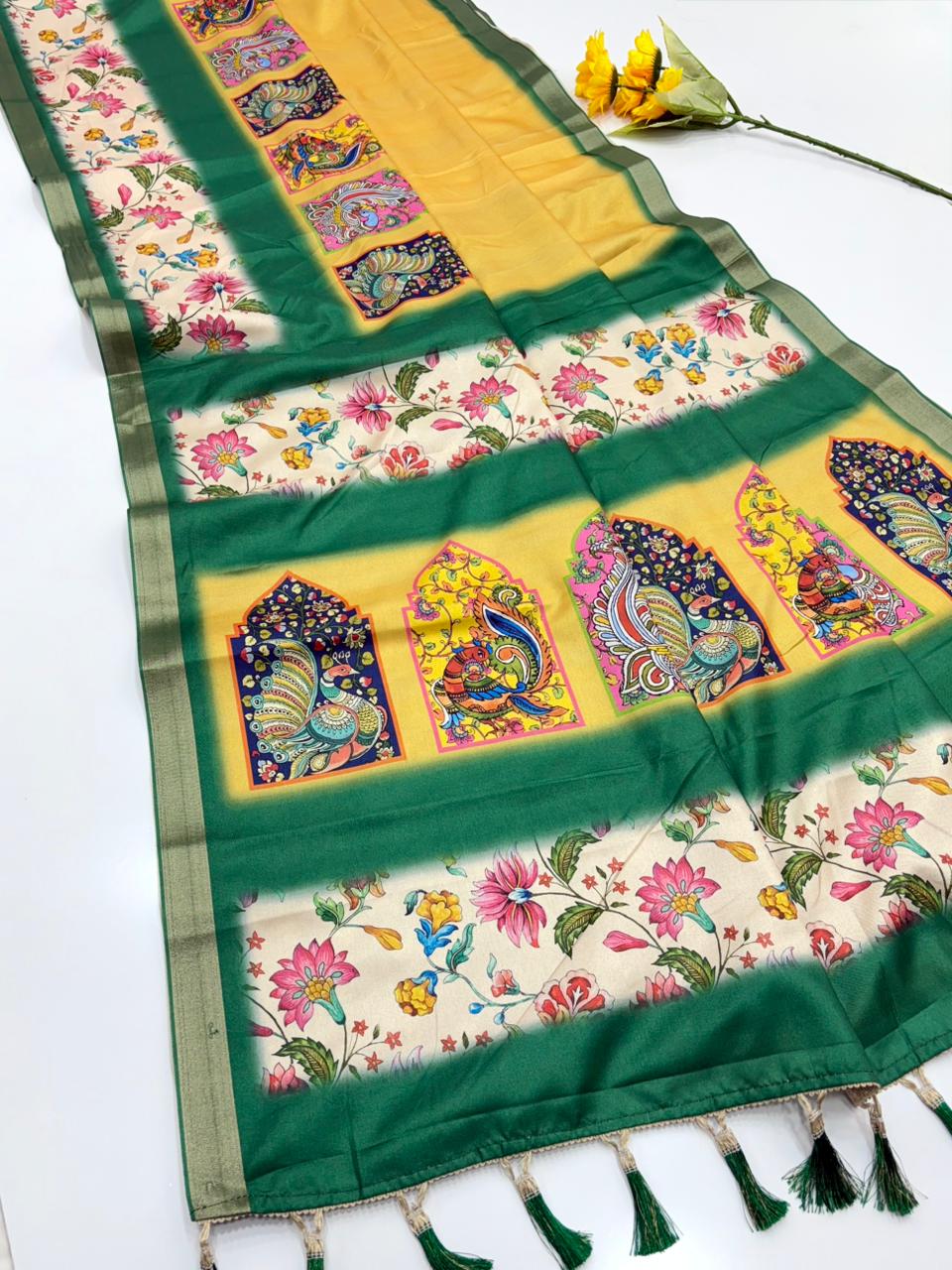 Original Soft Tussar Silk Sarees – Peacock Prints with Gold Zari Border.