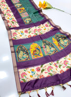 Original Soft Tussar Silk Sarees – Peacock Prints with Gold Zari Border.