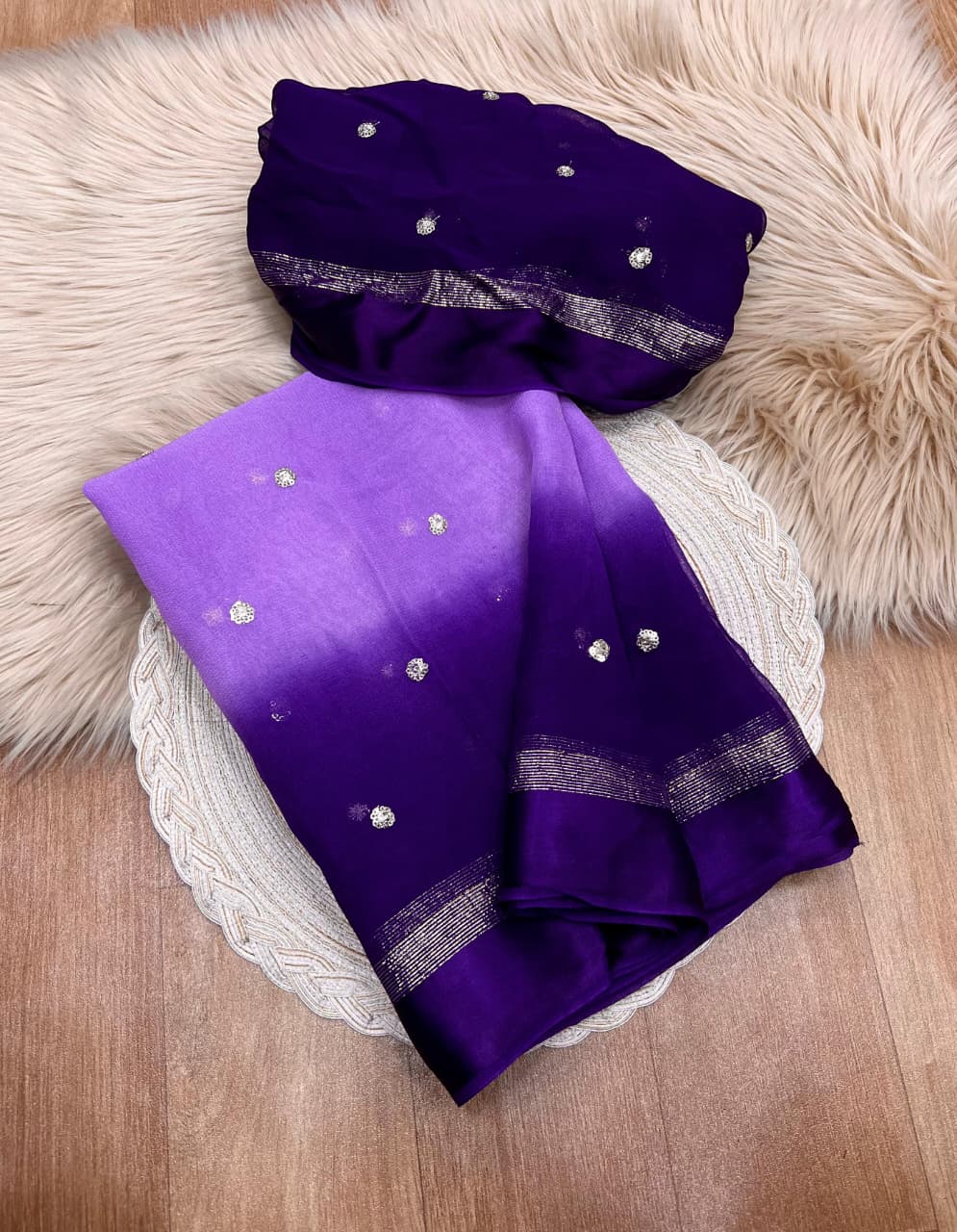 Satin Patta Pure Viscose Georgette Saree – Fancy Sequins Work with Satin Border.