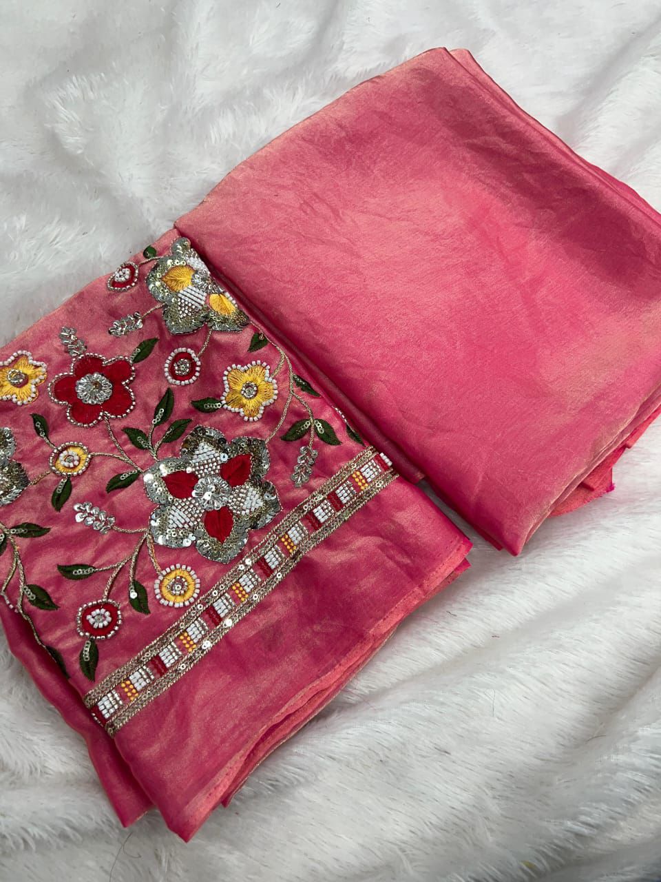 Space Fendy Satin Saree – With Running Magam Work Blouse.