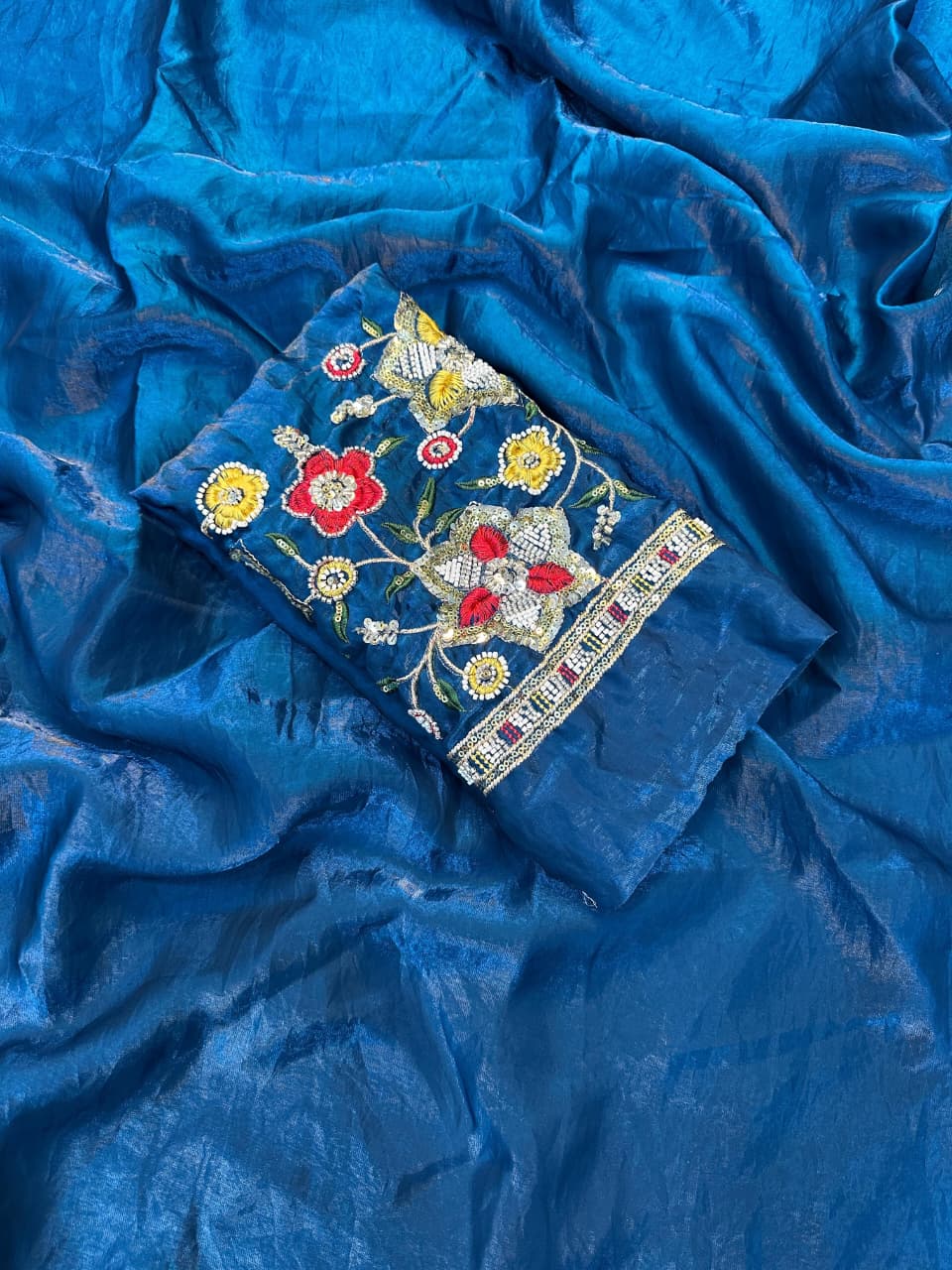 Space Fendy Satin Saree – With Running Magam Work Blouse.