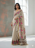 Heavy Linen Blooming Saree – Floral Digital Print with Gold Border & Motif Tassels.