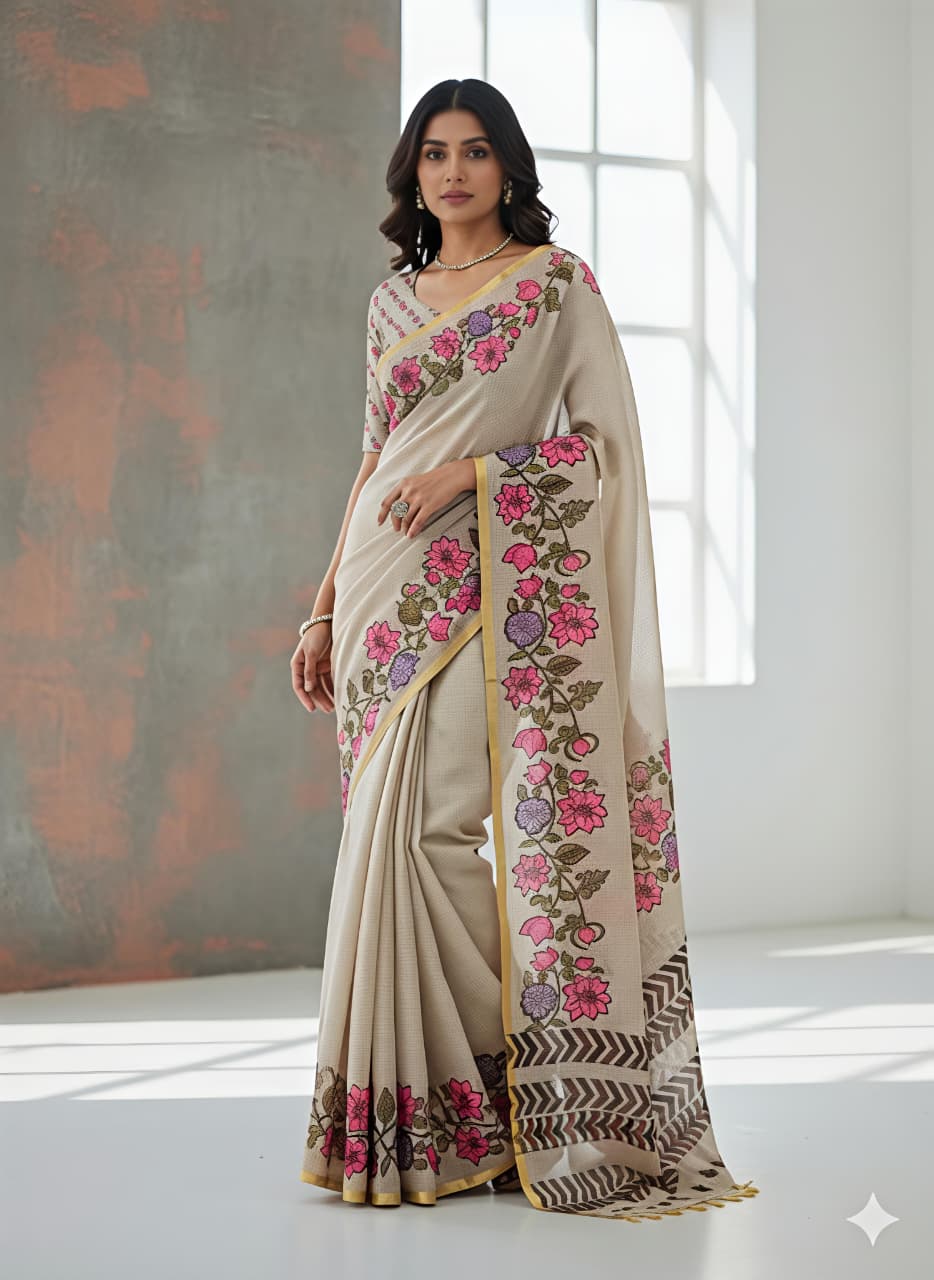Heavy Linen Blooming Saree – Floral Digital Print with Gold Border & Motif Tassels.