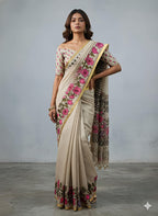 Heavy Linen Blooming Saree – Floral Digital Print with Gold Border & Motif Tassels.