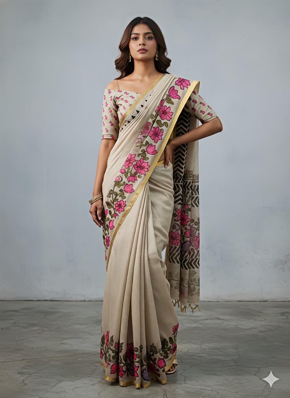 Heavy Linen Blooming Saree – Floral Digital Print with Gold Border & Motif Tassels.