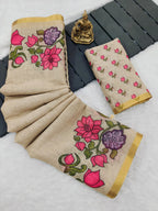 Heavy Linen Blooming Saree – Floral Digital Print with Gold Border & Motif Tassels.