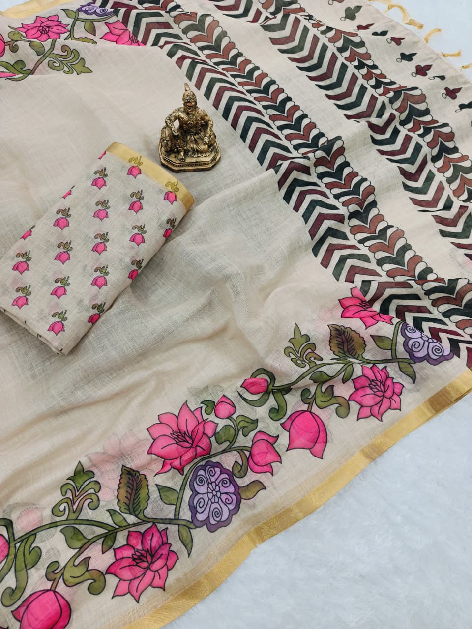 Heavy Linen Blooming Saree – Floral Digital Print with Gold Border & Motif Tassels.