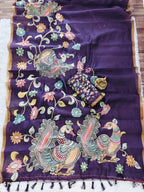 Heavy Gold Linen Blooming Saree – Peacock Kalamkari Digital Print with Motif Tassels.