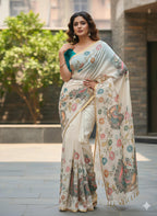 Heavy Gold Linen Blooming Saree – Peacock Kalamkari Digital Print with Motif Tassels.