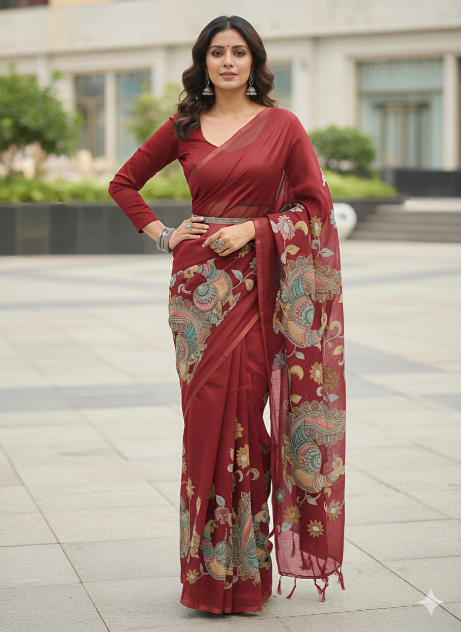 Heavy Gold Linen Blooming Saree – Peacock Kalamkari Digital Print with Motif Tassels.