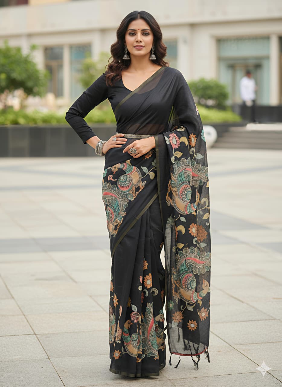 Heavy Gold Linen Blooming Saree – Peacock Kalamkari Digital Print with Motif Tassels.