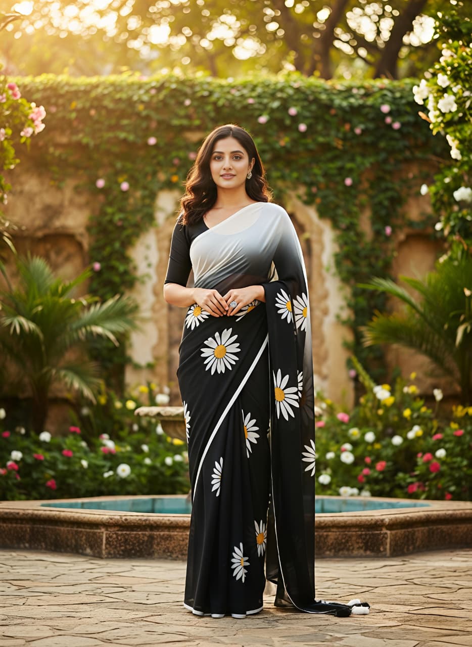 Heavy Marshmallow Blooming Georgette Saree – Multicolor Floral Digital Print with Cotton Tassels.
