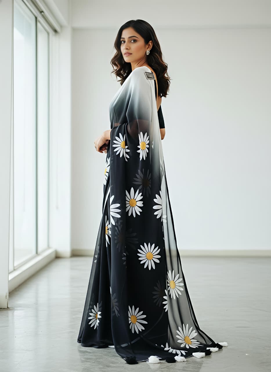 Heavy Marshmallow Blooming Georgette Saree – Multicolor Floral Digital Print with Cotton Tassels.