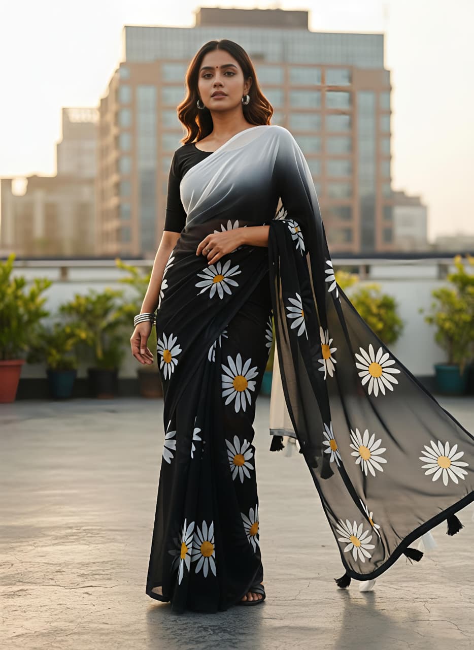 Heavy Marshmallow Blooming Georgette Saree – Multicolor Floral Digital Print with Cotton Tassels.