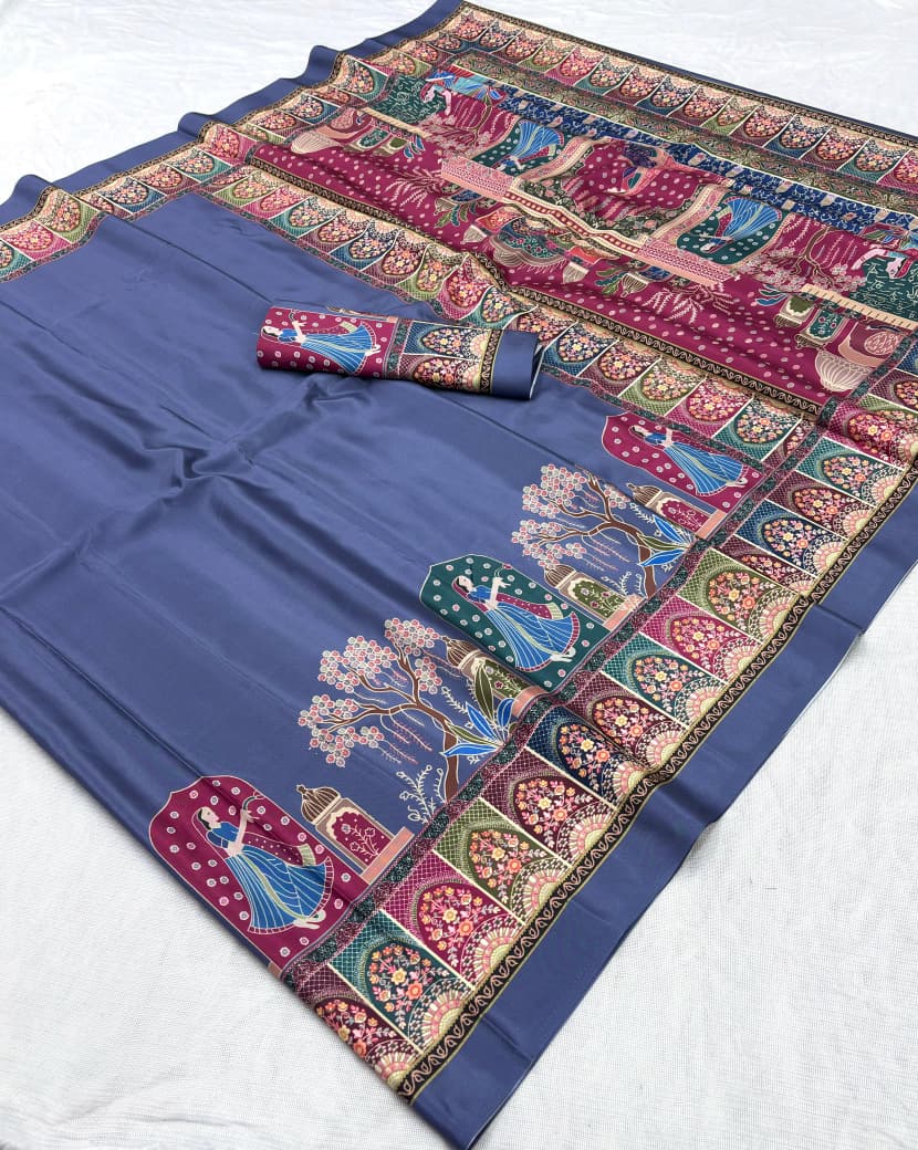 Original Silk Crepe (Silk Satin) Saree – Floral Digital Print with Tassels.