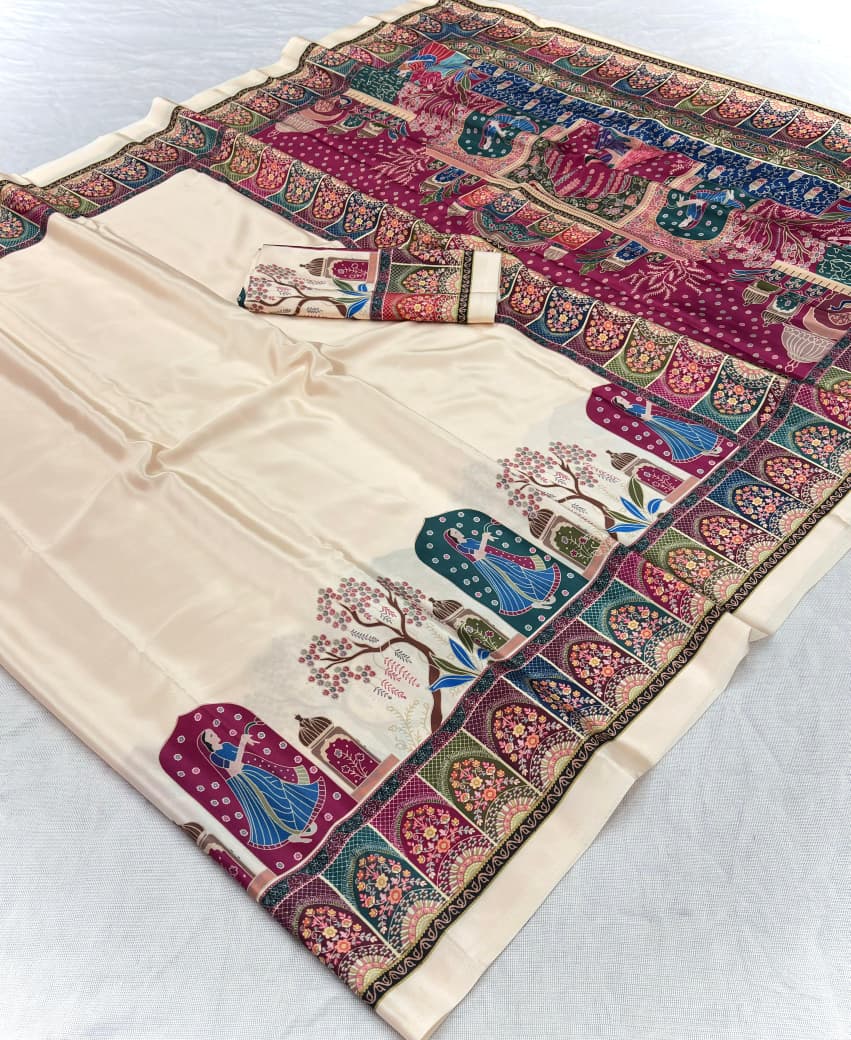 Original Silk Crepe (Silk Satin) Saree – Floral Digital Print with Tassels.