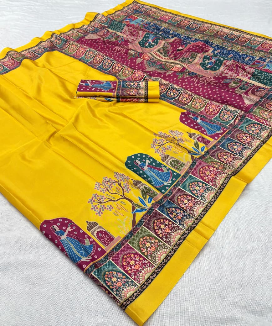 Original Silk Crepe (Silk Satin) Saree – Floral Digital Print with Tassels.