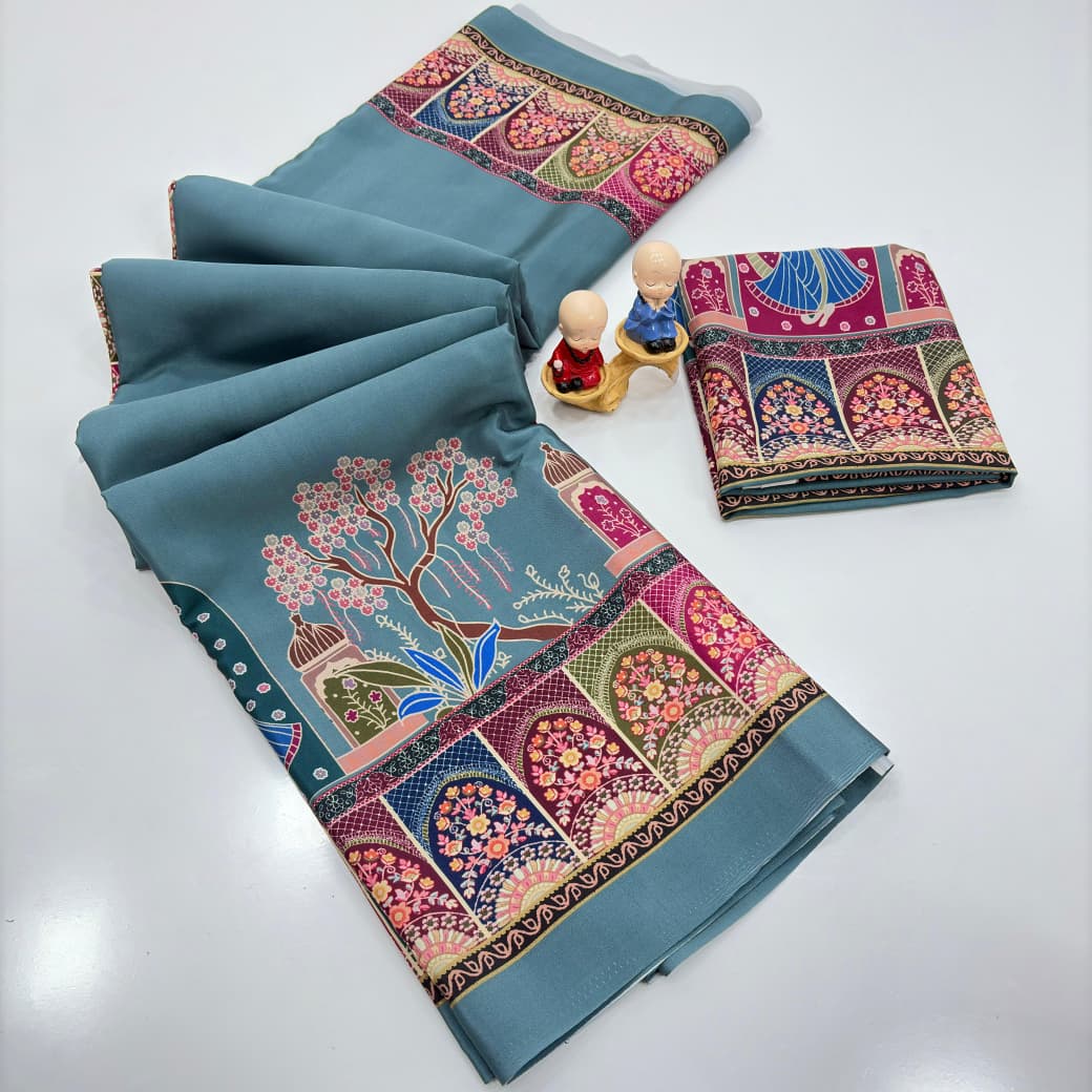 Original Silk Crepe (Silk Satin) Saree – Floral Digital Print with Tassels.