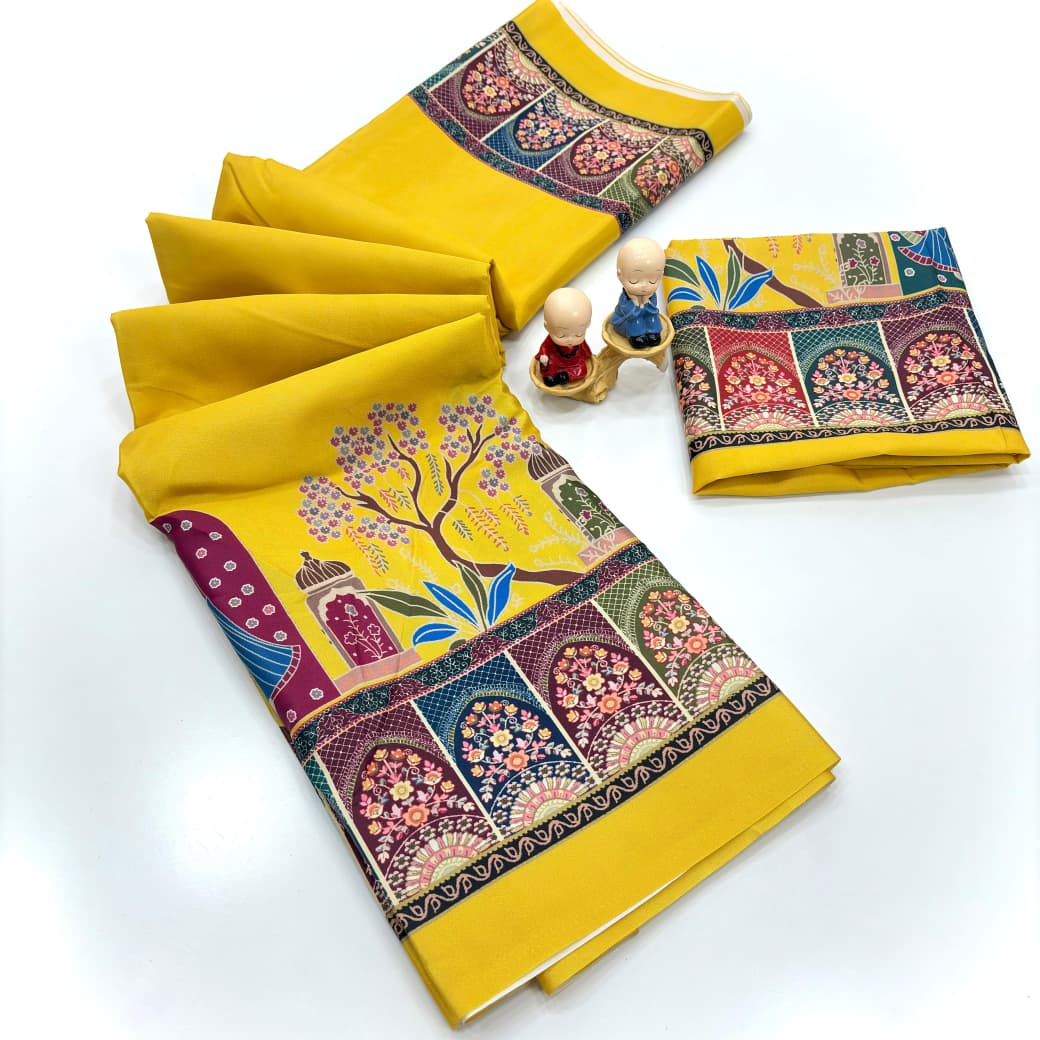 Original Silk Crepe (Silk Satin) Saree – Floral Digital Print with Tassels.