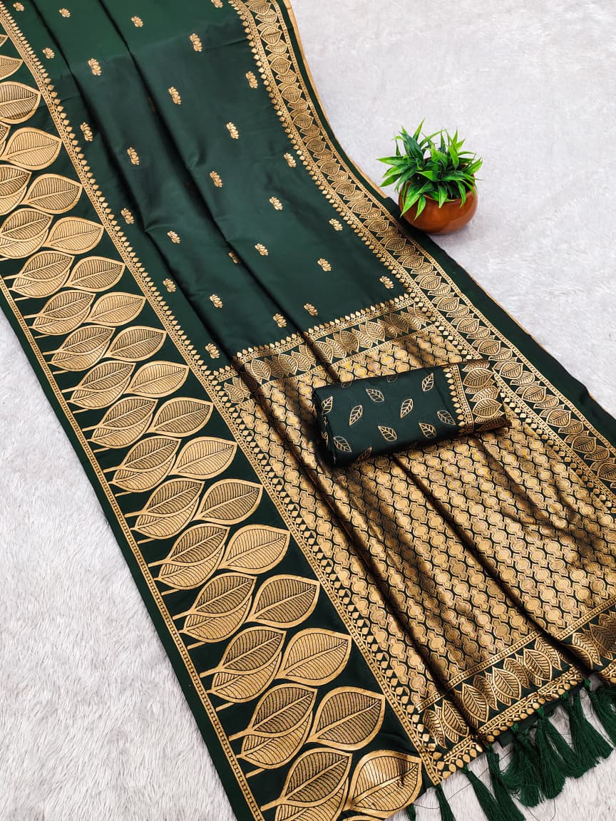 Premium Soft Silk Saree – 3D Concept Pallu, Leaf Border & Lotus Motifs.