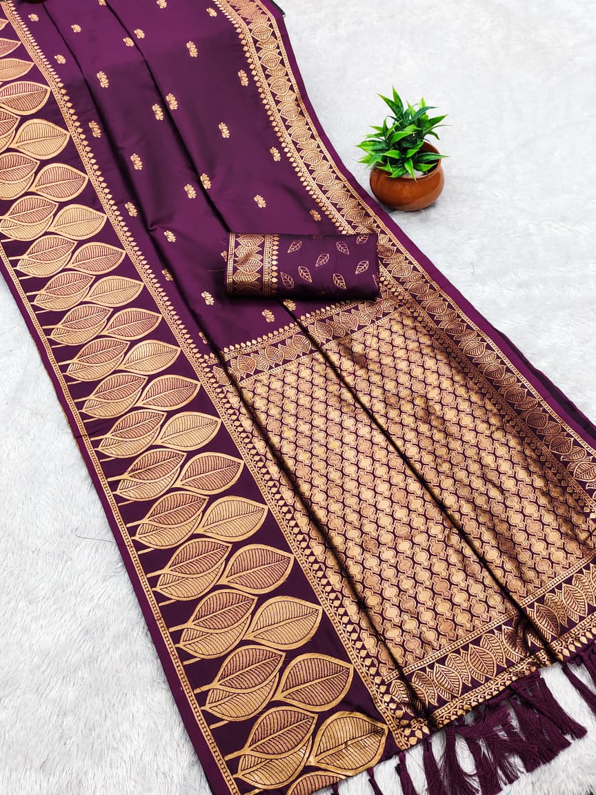 Premium Soft Silk Saree – 3D Concept Pallu, Leaf Border & Lotus Motifs.
