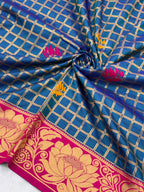 SUPER-HIT Unique Checks Paithani Silk Saree – Lotus Motifs & Contrast Brocade Blouse.