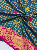 SUPER-HIT Unique Checks Paithani Silk Saree – Lotus Motifs & Contrast Brocade Blouse.