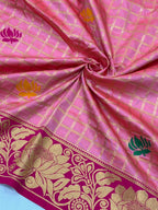SUPER-HIT Unique Checks Paithani Silk Saree – Lotus Motifs & Contrast Brocade Blouse.