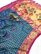 SUPER-HIT Unique Checks Paithani Silk Saree – Lotus Motifs & Contrast Brocade Blouse.
