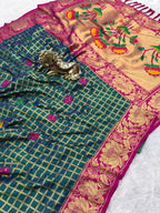 SUPER-HIT Unique Checks Paithani Silk Saree – Lotus Motifs & Contrast Brocade Blouse.