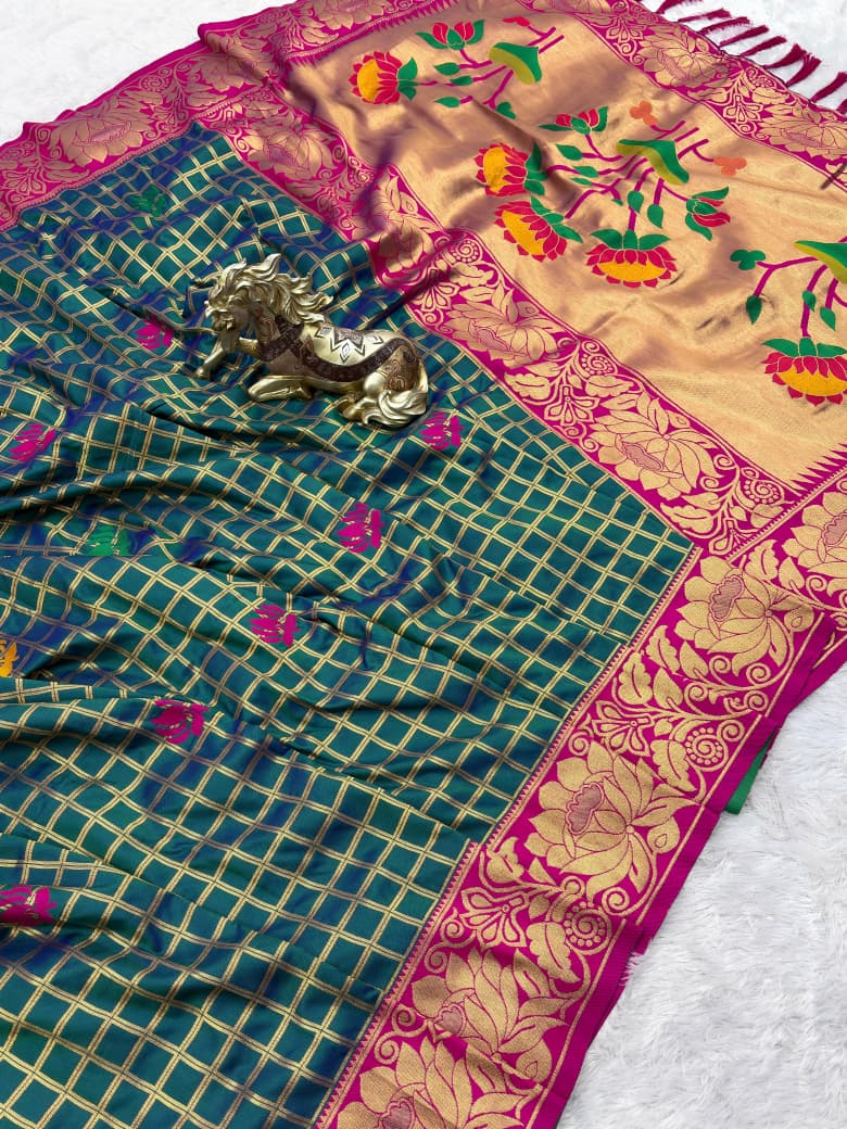 SUPER-HIT Unique Checks Paithani Silk Saree – Lotus Motifs & Contrast Brocade Blouse.