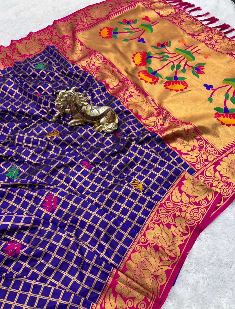 SUPER-HIT Unique Checks Paithani Silk Saree – Lotus Motifs & Contrast Brocade Blouse.