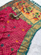 SUPER-HIT Unique Checks Paithani Silk Saree – Lotus Motifs & Contrast Brocade Blouse.