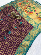 SUPER-HIT Unique Checks Paithani Silk Saree – Lotus Motifs & Contrast Brocade Blouse