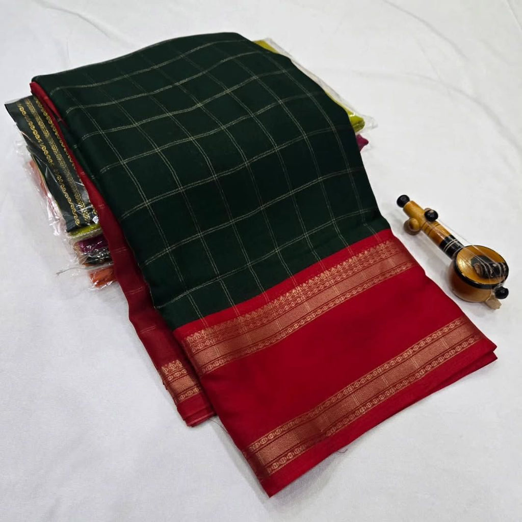 Soft Mysore Silk Saree – All Over Chex Design with Contrast Zari Borders.
