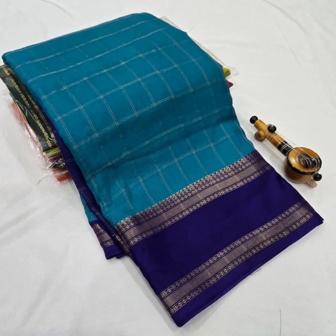 Soft Mysore Silk Saree – All Over Chex Design with Contrast Zari Borders.