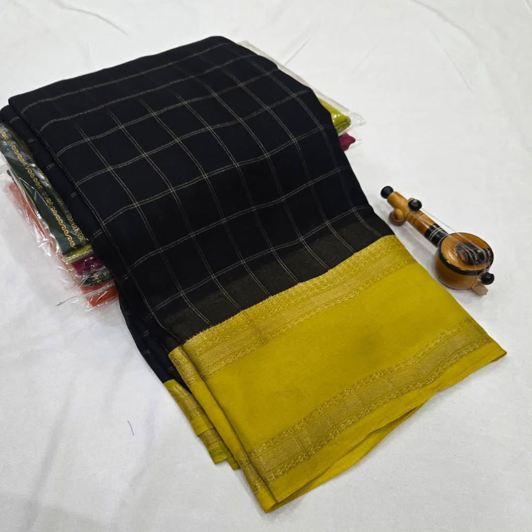 Soft Mysore Silk Saree – All Over Chex Design with Contrast Zari Borders.