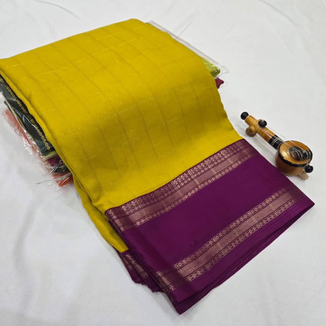 Soft Mysore Silk Saree – All Over Chex Design with Contrast Zari Borders.