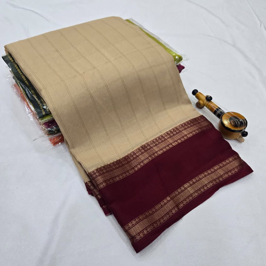 Soft Mysore Silk Saree – All Over Chex Design with Contrast Zari Borders.