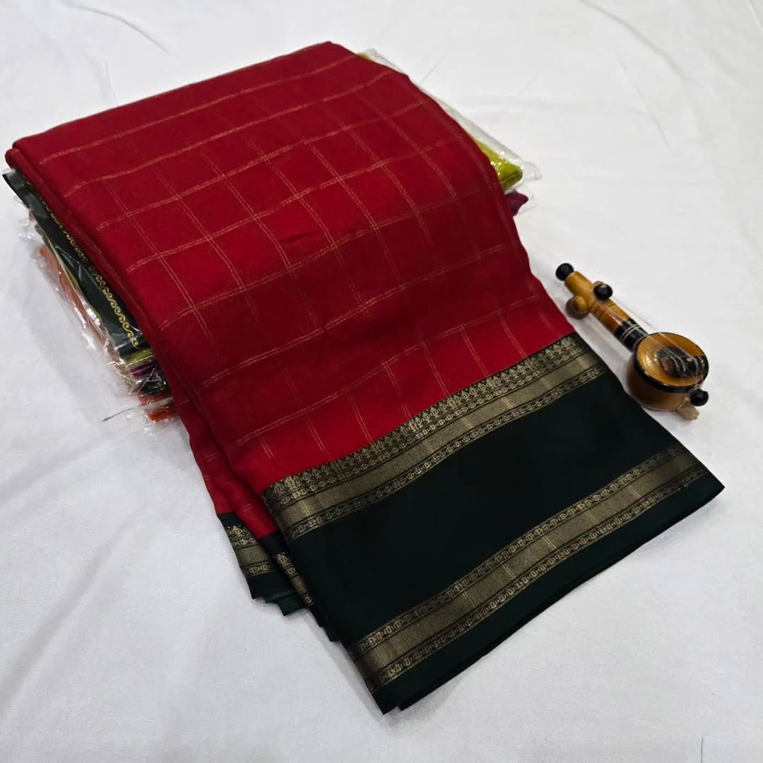Soft Mysore Silk Saree – All Over Chex Design with Contrast Zari Borders.