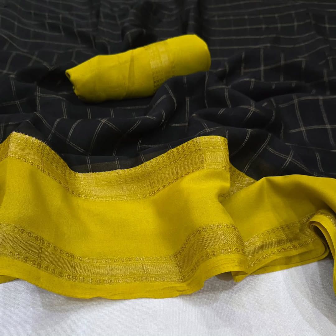 Soft Mysore Silk Saree – All Over Chex Design with Contrast Zari Borders.